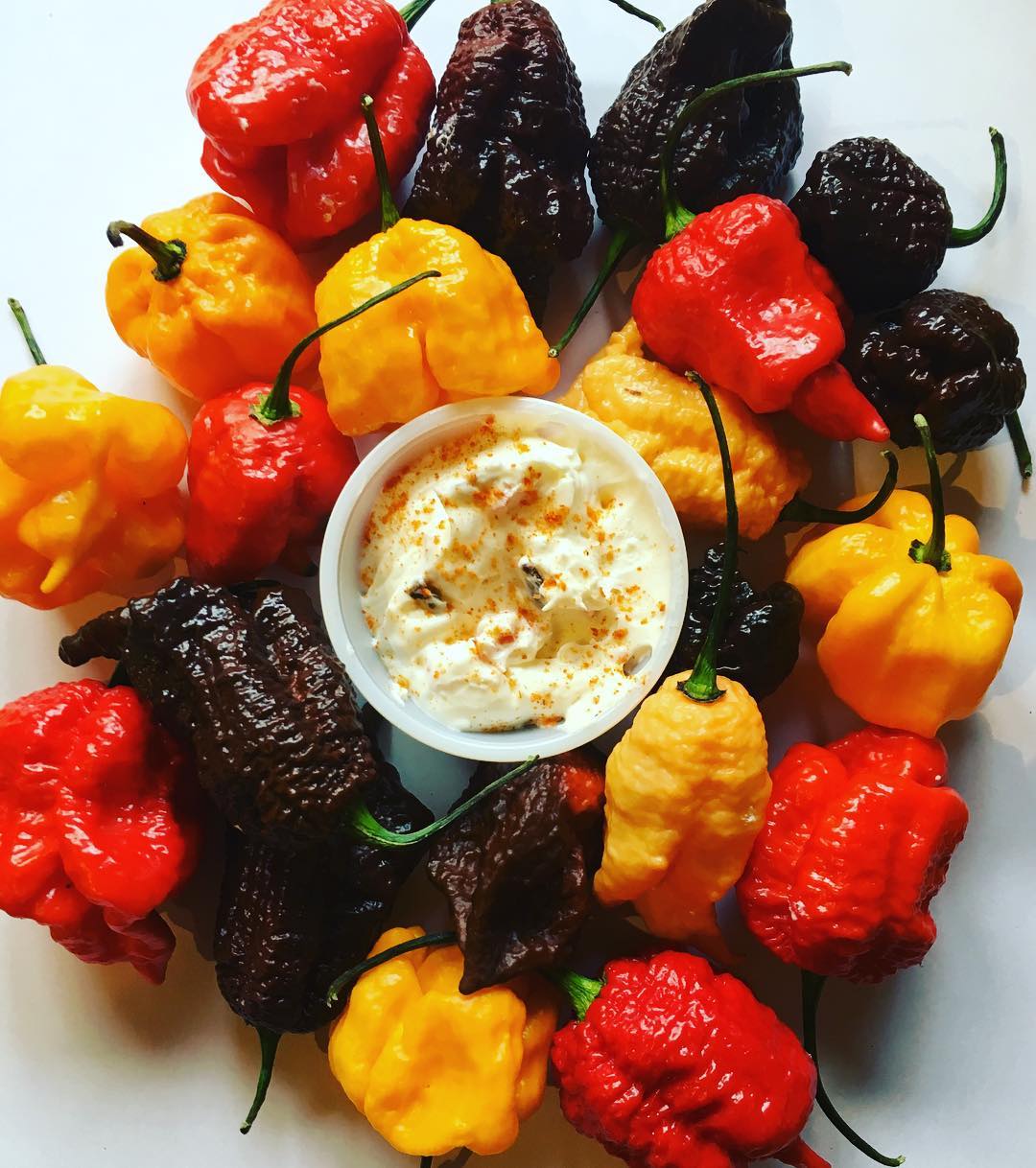 Colorful peppers with dip